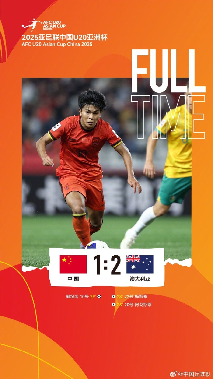 U20亚洲杯小组赛A组第三轮,中国队1比2负于澳大利亚队